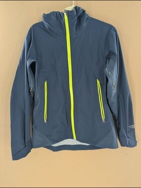 Columbia Titanium Women's Omni-Tech Hooded Rain Jacket Small Navy Neon Full Zip